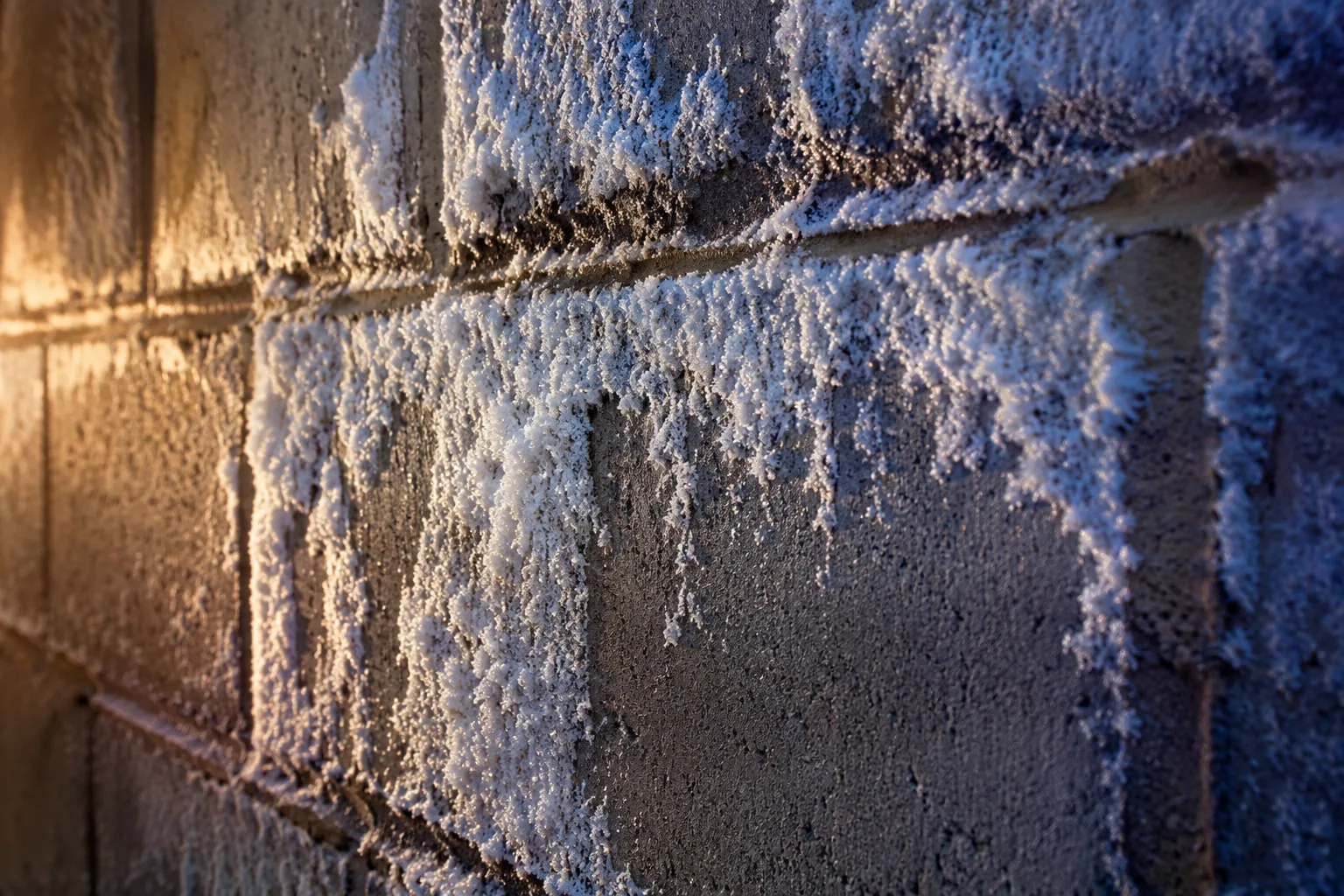 White efflorescence salt deposits on a Minnesota basement wall