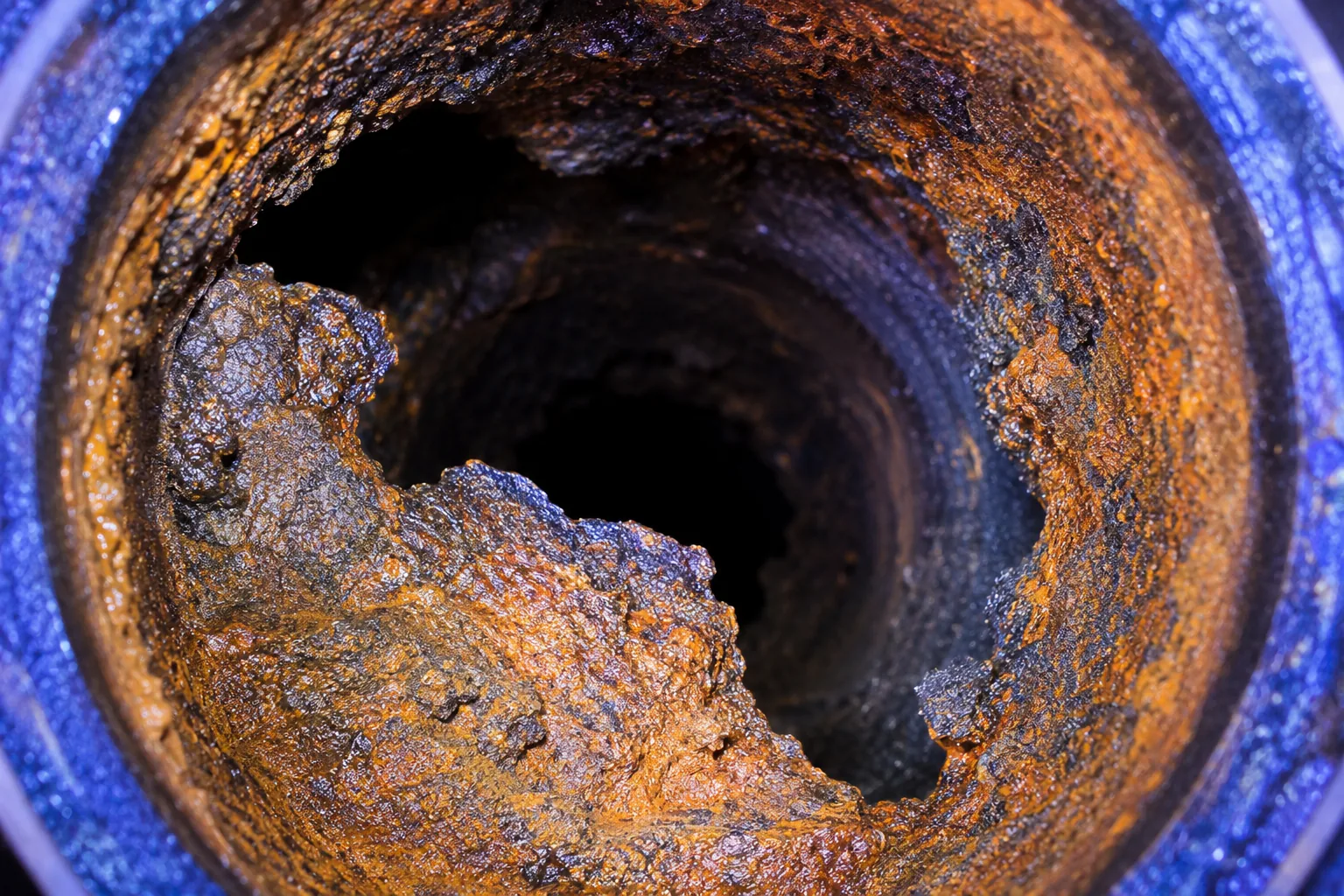 Corroded cast iron sewer pipe interior with scale buildup