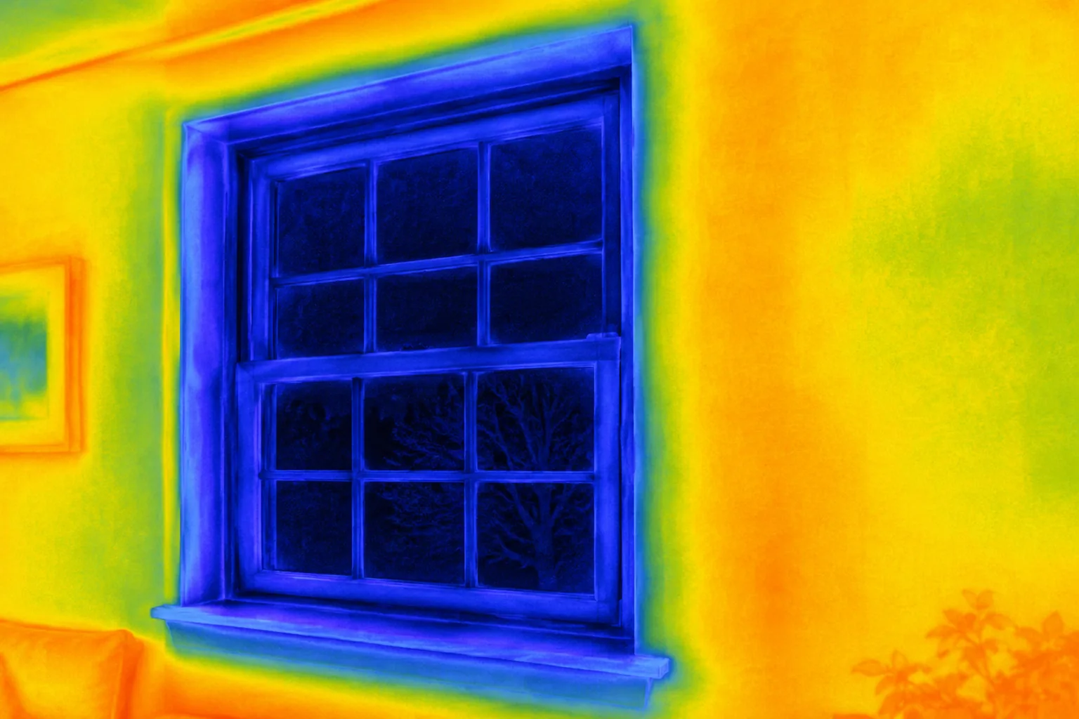 Thermal imaging scan showing cold air infiltration around a window